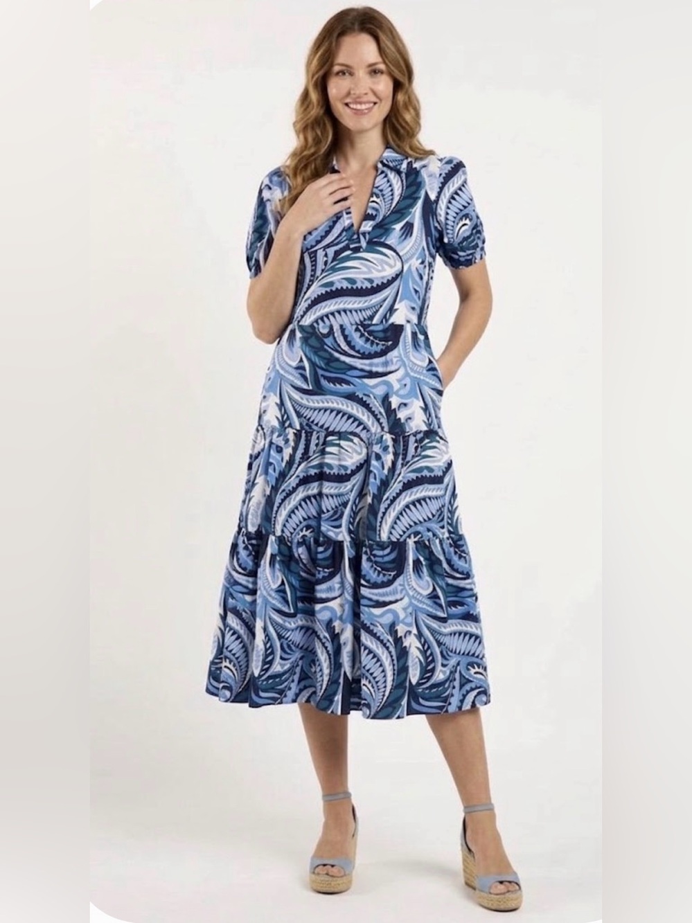 Jude Connally Portia Dress S Blue Paisley Tiered Puff Sleeve Wrinkle Free